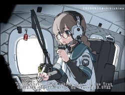 Rule 34 | 1girl, bespectacled, blue sailor collar, book, braid, brown eyes, brown hair, chair, commentary request, dated, english text, glasses, hair between eyes, headphones, headset, holding, holding pen, indoors, isonami (kancolle), kantai collection, layered sleeves, letterboxed, long sleeves, open mouth, pen, sailor collar, shikishima fugen, sidelocks, sitting, solo, twitter username