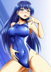 Rule 34 | 1girl, blue background, blue eyes, blue one-piece swimsuit, blush, breasts, competition swimsuit, d-m (dii emu), earrings, finger to mouth, hand on own stomach, highres, jewelry, long hair, looking at viewer, medium breasts, one-piece swimsuit, open mouth, original, smile, solo, squatting, swimsuit, two-tone background, white background