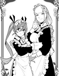 Rule 34 | 2girls, apron, blush, border, bow, bowtie, braid, breasts, closed eyes, cowboy shot, crossed arms, flower, frown, greyscale, hair bow, height difference, highres, large breasts, light smile, looking at viewer, maid, maid apron, maid headdress, monochrome, multiple girls, original, ornate border, suzushiro (suzushiro333), twintails