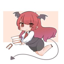 Rule 34 | 1girl, black skirt, black vest, book, book stack, breasts, chibi, demon tail, demon wings, dropping, floating, full body, head tilt, head wings, highres, holding, holding book, koakuma, kurotaro, long hair, long sleeves, looking at viewer, medium breasts, one-hour drawing challenge, pointy ears, red eyes, red hair, red neckwear, shirt, simple background, skirt, smile, solo, tail, touhou, vest, white shirt, wings