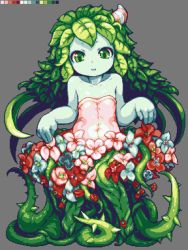 Rule 34 | 1girl, alraune, bare shoulders, blue skin, child, color guide, colored skin, curtsey, dress, flat chest, flower, green eyes, green hair, green skin, hair ornament, leaf, long hair, matching hair/eyes, monster girl, original, parted lips, pixel art, plant, plant girl, sb (coco1), solo, thorns, vines