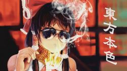 Rule 34 | 1girl, a better tomorrow, aviator sunglasses, bad id, bad pixiv id, bare shoulders, blouse, bow, brown hair, cigarette, detached sleeves, female focus, fire, frilled hair tubes, frills, frown, gangster, hair bow, hair tubes, hakurei reimu, japanese clothes, miko, monamin, ofuda, parody, red shirt, shirt, sleeveless, sleeveless shirt, smoke, smoking, solo, sunglasses, touhou, translation request