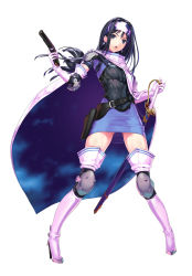 Rule 34 | 1girl, :o, absurdres, armor, belt, belt pouch, beth (megami tensei), black hair, blue dress, blue eyes, boots, breastplate, breasts, capelet, commentary request, cross, cross earrings, dress, earrings, elbow gloves, elbow pads, eyes visible through hair, finger on trigger, gloves, gluteal fold, gun, hand on hilt, handgun, headband, high heels, highres, holster, jewelry, knee pads, lh 2c0, long hair, open mouth, pigeon-toed, pouch, sheath, sheathed, shin megami tensei, shin megami tensei ii, shoulder armor, small breasts, solo, sword, teeth, thigh boots, thighhighs, upper teeth only, weapon, white background