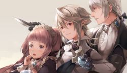 Rule 34 | 1girl, apron, armor, bad id, bad pixiv id, blue eyes, blush, corrin (fire emblem), corrin (male) (fire emblem), corrin (male) (fire emblem), crystal, dagger, felicia (fire emblem), fire emblem, fire emblem fates, gloves, grey hair, hair between eyes, jakob (fire emblem), knife, long hair, low ponytail, maid, maid apron, maid headdress, nintendo, open mouth, pink hair, pointy ears, ponytail, red eyes, riku (wana), short hair, simple background, weapon, white background
