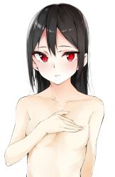 Rule 34 | 10s, 1girl, bad id, bad pixiv id, black hair, blush, breasts, covering privates, covering breasts, flat (joppin karu!), hair down, highres, light blush, long hair, looking at viewer, love live!, love live! school idol project, nude, parted lips, red eyes, simple background, small breasts, solo, tsurime, upper body, white background, yazawa nico