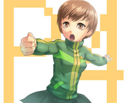Rule 34 | 1girl, 4hands, :o, atlus, badge, brown eyes, brown hair, button badge, clenched hands, cowboy shot, fighting stance, green skirt, jacket, long sleeves, looking back, open mouth, outstretched arms, persona, persona 4, pleated skirt, satonaka chie, school uniform, short hair, simple background, skirt, solo, spread arms, track jacket, track suit, two-tone background, zipper