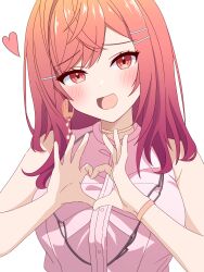 Rule 34 | 1girl, absurdres, blush, center frills, earrings, frills, gold earrings, hair ornament, hairpin, heart, heart hands, highres, hololive, hololive dev is, ichijou ririka, jewelry, kuchitani, long hair, looking at viewer, open mouth, orange eyes, orange hair, pink shirt, shirt, single earring, sleeveless, sleeveless shirt, smile, solo, virtual youtuber, white background