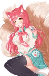 Rule 34 | 1girl, academy ahri, ahri (league of legends), animal ears, bad id, bad pixiv id, black thighhighs, blush, breasts, facial mark, fox ears, fox tail, hair ornament, hairclip, heart, heart hair ornament, highres, large breasts, league of legends, long hair, looking at viewer, midriff, multiple tails, open mouth, red hair, school uniform, simple background, skirt, solo, tail, thighhighs, ubi (ekdus6080), whisker markings, white background, yellow eyes