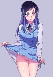 Rule 34 | 1girl, blue dress, blue eyes, blue hair, blush, closed mouth, clothes lift, dokidoki! precure, dress, dress lift, embarrassed, female pubic hair, grey background, hishikawa rikka, lifted by self, long hair, long sleeves, negom, no panties, precure, pubic hair, simple background, solo, standing, wavy mouth