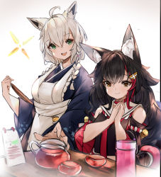 Rule 34 | 2girls, :d, ahoge, alternate costume, alternate hairstyle, animal ear fluff, animal ears, apron, bell, black hair, blue kimono, braid, breasts, choker, commentary, cowboy shot, crop top, detached sleeves, drink, earrings, enmaided, eyelashes, fox ears, green eyes, hair between eyes, hair ornament, hololive, japanese clothes, jewelry, kimono, kouhaku nawa, long hair, looking at viewer, maid, majo (pastamajo), medium breasts, multicolored hair, multiple girls, ookami mio, open mouth, own hands together, pot, red choker, red hair, rope, shimenawa, shirakami fubuki, side braids, simple background, sitting, smile, streaked hair, table, twin braids, two-tone hair, virtual youtuber, wa maid, waitress, white background, wide sleeves, wolf ears, yellow eyes