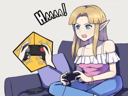 Rule 34 | 1girl, afterimage, alternate costume, bangle, bare shoulders, blonde hair, blouse, blue eyes, bracelet, breasts, camisole, casual, cellphone, collarbone, commentary, contemporary, controller, couch, denim, english commentary, feet out of frame, forehead, frilled shirt, frills, game controller, grey background, holding, indian style, inset, jeans, jewelry, long hair, nintendo, off-shoulder shirt, off shoulder, on couch, one-piece swimsuit, open mouth, pants, parted bangs, phiphi-au-thon, phone, pillow, pink shirt, playing games, pointy ears, princess zelda, pun, shirt, sidelocks, simple background, sitting, small breasts, smartphone, solo, straight hair, super smash bros., swimsuit, the legend of zelda, the legend of zelda: a link between worlds, v-shaped eyebrows