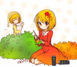 Rule 34 | 2girls, aki minoriko, aki shizuha, alternate costume, blonde hair, blush, brown eyes, brush, can, closed eyes, closed mouth, commentary request, dress, gradient dress, hair ornament, hat, highres, holding, holding brush, holding leaf, inon, leaf, leaf hair ornament, long sleeves, monster energy, multiple girls, nightcap, one-hour drawing challenge, open mouth, painting (action), pillow, plant, polka dot, polka dot background, product placement, short hair, siblings, sisters, sitting, sleepwear, smile, sweat, touhou, v-shaped eyebrows