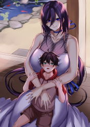 Rule 34 | 1boy, 1girl, age difference, blue eyes, child, commentary, ghost, green eyes, hasshaku-sama, highres, holding, inue ao, long hair, mature female, mole, mole under eye, nervous, onee-shota, original, tall female