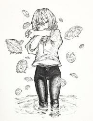 Rule 34 | 1girl, animal, arm up, black pants, covered mouth, drawstring, feet out of frame, floating, greyscale, hair between eyes, highres, jellyfish, long sleeves, looking at viewer, mashimashi, monochrome, original, pants, partially submerged, puffy sleeves, ripples, shirt, solo, wading, water drop, wet, white background, white shirt