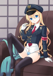 Rule 34 | 1girl, armband, blonde hair, blue eyes, bottomless, couch, gloves, twirling hair, hat, highres, long hair, military, military uniform, necktie, no pants, original, panties, peaked cap, side-tie panties, sitting, solo, striped clothes, striped panties, thighhighs, underwear, uniform, white gloves, yuzuki suzuka