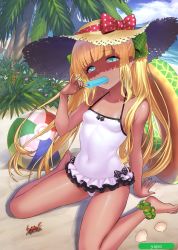 Rule 34 | 1girl, absurdres, ankle scrunchie, aqua eyes, ball, barefoot, beachball, blonde hair, blunt bangs, breasts, casual one-piece swimsuit, covered navel, dark-skinned female, dark skin, food, from above, hat, highres, innertube, long hair, melonbooks, one-piece swimsuit, outdoors, popsicle, scan, scrunchie, sidelocks, sitting, small breasts, solo, straw hat, sun hat, swim ring, swimsuit, twintails, very long hair, wariza, white one-piece swimsuit, yapo (croquis side)
