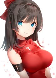 Rule 34 | 1girl, armband, bare shoulders, blue eyes, blush, bow, braid, breasts, brown hair, closed mouth, commentary request, copyright request, cross, dress, french braid, hair bow, highres, kinako (shiratama mochi), large breasts, latin cross, long hair, looking at viewer, red bow, red dress, smile, solo, sparkle, twitter username, upper body