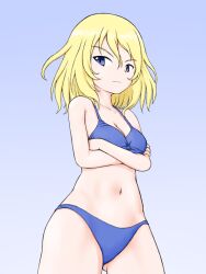 Rule 34 | 1girl, bikini, blonde hair, blue background, blue bikini, blue eyes, closed mouth, commentary, cowboy shot, crossed arms, frown, girls und panzer, gradient background, looking at viewer, medium hair, messy hair, oshida (girls und panzer), solo, standing, swimsuit, yass hero