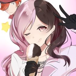 Rule 34 | 1boy, 1girl, ;q, artist name, bead necklace, beads, black gloves, blush, breasts, brown hair, cleavage, food, gloves, gradient background, hair over one eye, heterochromia, highres, holding, holding food, ice cream, ice cream cone, jacket, jewelry, long hair, medium breasts, multicolored hair, necklace, neo politan, one eye closed, orange hair, pink background, pink eyes, pink hair, roman torchwick, rwby, solo focus, split-color hair, star (symbol), sunnypoppy, tongue, tongue out, two-tone hair, white background, white jacket