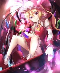 Rule 34 | 1girl, ascot, bad id, bad pixiv id, blonde hair, bow, flandre scarlet, glowing, grin, hat, hat bow, hizagawa rau, red eyes, sash, side ponytail, smile, solo, sword, teeth, touhou, weapon, wings