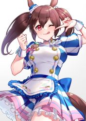 Rule 34 | 1girl, :q, akatsuki (kuon), animal ears, apron, blue bow, blue hat, blush, bow, breasts, brown hair, cowboy shot, cream, cream on face, dress, food, food on face, frilled apron, frilled dress, frills, hair between eyes, hands up, hat, hishi akebono (umamusume), horse ears, horse girl, horse tail, looking at viewer, medium breasts, medium hair, mini hat, one eye closed, pleated skirt, red eyes, ribbon, short sleeves, skirt, smile, solo, striped clothes, striped dress, tail, tongue, tongue out, twintails, umamusume, waist apron, white apron, white hat, wrist cuffs