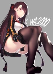 Rule 34 | 1girl, asymmetrical bangs, between breasts, black gloves, black pantyhose, black skirt, blush, breasts, brown hair, character name, closed mouth, clothes pull, collared shirt, cropped jacket, dev (dev0614), dressing, artistic error, from below, full body, girls&#039; frontline, gloves, grey background, high-waist skirt, highres, invisible chair, jacket, long hair, long sleeves, looking at viewer, medium breasts, necktie, one side up, open clothes, open jacket, panties, pantyhose, purple eyes, red necktie, shirt, simple background, sitting, skirt, solo, thighhighs, thighhighs pull, thighs, tsurime, underbust, underwear, wa2000 (girls&#039; frontline), white panties, white shirt