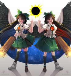 Rule 34 | 1girl, absurdres, arm cannon, asymmetrical footwear, belt, bird wings, black hair, black socks, black sun, black wings, blouse, blue eyes, bow, buttons, cape, center frills, clenched teeth, closed mouth, collared shirt, commentary request, dual persona, eclipse, frilled shirt collar, frilled skirt, frills, green bow, green skirt, hair bow, highres, hoshiringo0902, kneehighs, long hair, medium skirt, midriff, miniskirt, mirror image, mismatched footwear, navel, open mouth, pointing, pointing up, puffy short sleeves, puffy sleeves, red eyes, reiuji utsuho, shirt, shoes, short sleeves, simple background, single shoe, skirt, smile, socks, solar eclipse, solo, starry sky print, sun, teeth, third eye, touhou, weapon, white background, white cape, white shirt, wings