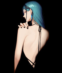 Rule 34 | 13 (bbr584607091), 1girl, arm at side, back, back focus, backless dress, backless outfit, bare back, bare shoulders, black background, black dress, black hair, black nails, blue hair, cross-laced clothes, dress, earrings, eyelashes, from behind, genderswap, genderswap (mtf), glowing, glowing earrings, hair over shoulder, hair strand, half-closed eyes, halterneck, hand on own shoulder, hand up, highres, jade leech, jewelry, long hair, looking at viewer, looking back, multicolored hair, nail polish, profile, sideways glance, simple background, sleeveless, sleeveless dress, solo, straight hair, streaked hair, twisted wonderland, yellow eyes