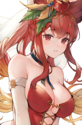 Rule 34 | 1girl, anthuria, anthuria (holiday), bare shoulders, blue choker, blush, breasts, choker, cleavage, commentary request, erune, granblue fantasy, hair ornament, highres, koretsuki azuma, large breasts, long hair, looking at viewer, parted lips, red eyes, red hair, simple background, solo, upper body, white background