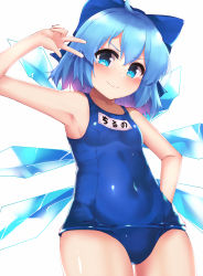 Rule 34 | 1girl, absurdres, armpits, blue bow, blue eyes, blue hair, blush, bow, breasts, cirno, hair bow, highres, kurokimono001, looking at viewer, name tag, one-piece swimsuit, school swimsuit, short hair, sideboob, simple background, small breasts, smile, solo, standing, swimsuit, thighs, touhou, white background, wings