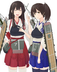 Rule 34 | 10s, 2girls, :d, ^ ^, akagi (kancolle), bad id, bad pixiv id, brown hair, closed eyes, hand on own hip, kaga (kancolle), kantai collection, kosame, multiple girls, muneate, open mouth, personification, side ponytail, smile, tasuki, traditional clothes, v