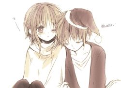 Rule 34 | 1boy, 1girl, anzu (o6v6o), blush, braid, dual persona, closed eyes, genderswap, genderswap (ftm), gumi, gumiya, hat, head on another&#039;s shoulder, jacket, leaning on person, light frown, long sleeves, monochrome, santa hat, sepia, shirt, short hair with long locks, simple background, sitting, sleeping, sweatdrop, translation request, vocaloid, white background