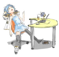 Rule 34 | 00s, 1girl, animal ears, bare shoulders, black thighhighs, blue hair, blue skirt, boots, chair, computer, dress, drink, electric fan, closed eyes, galaxy angel, goat ears, keyboard (computer), laptop, mint blancmanche, mouse (computer), no left shoe, nyama, open mouth, shoes, short hair, single shoe, sitting, skirt, sleeping, solo, table, thighhighs, zettai ryouiki