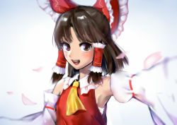 Rule 34 | 1girl, armpits, ascot, benikurage (cookie), blush, bow, breasts, brown hair, collared shirt, commentary request, cookie (touhou), detached sleeves, falling petals, frilled bow, frilled hair tubes, frilled shirt collar, frills, hair bow, hair tubes, hakurei reimu, highres, long hair, looking at viewer, open mouth, petals, red bow, red shirt, ribbon-trimmed sleeves, ribbon trim, sarashi, shirt, short hair, sidelocks, sleeveless, sleeveless shirt, small breasts, smile, solo, temahiru, touhou, upper body, white background, white sleeves, yellow ascot