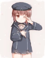 Rule 34 | 10s, 1girl, blush, brown eyes, brown hair, character doll, character name, clothes writing, hat, holding, kantai collection, long sleeves, one eye closed, rubbing eyes, sailor collar, sailor hat, short hair, solo, yae (yaecun), z1 leberecht maass (kancolle), z3 max schultz (kancolle)