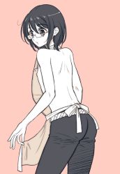 Rule 34 | 10s, 1boy, androgynous, apron, ass, ayamiya fumi, bad id, bad pixiv id, black eyes, black hair, cowboy shot, expressionless, eyelashes, from behind, glasses, gowther, male focus, nanatsu no taizai, nipples, pants, pink background, short hair, simple background, solo, standing, topless male, trap