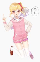 Rule 34 | 1girl, aikatsu! (series), aikatsu stars!, blonde hair, blush, bow, brown footwear, collared shirt, dress shirt, full body, grey background, hair bow, hand on own hip, hand up, highres, index finger raised, jacket, k mugura, letterman jacket, loafers, long sleeves, miniskirt, nijino yume, parted lips, pink jacket, pink sailor collar, pink skirt, pleated skirt, red bow, red eyes, sailor collar, shirt, shoes, side ponytail, simple background, skirt, solo, teeth, thighhighs, translation request, upper teeth only, v-shaped eyebrows, white shirt, white thighhighs