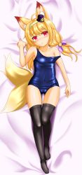 Rule 34 | 1girl, absurdres, ahoge, animal ear fluff, animal ears, artist request, bed sheet, black hat, black thighhighs, blonde hair, blue one-piece swimsuit, blush, bow, breasts, cameltoe, dakimakura (medium), dot nose, embarrassed, flower knight girl, fox ears, fox tail, from above, frown, full body, gluteal fold, hair bow, hairband, hat, head tilt, highres, indoors, kitsune no botan (flower knight girl), legs together, lying, mini hat, mini top hat, multiple tails, on back, one-piece swimsuit, red eyes, school swimsuit, sheet grab, small breasts, strap slip, swimsuit, tail, thigh gap, thighhighs, top hat
