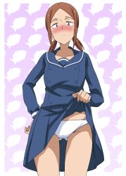 Rule 34 | 1girl, artist request, blush, brown eyes, brown hair, clothes lift, dress, dress lift, highres, houkago teibou nisshi, kuroiwa yuuki, lifting own clothes, long hair, panties, simple background, solo, underwear, white panties