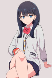 Rule 34 | 10s, 1girl, black hair, black skirt, blue eyes, bow, bowtie, breasts, cardigan, closed mouth, crossed legs, gridman universe, highres, long hair, long sleeves, looking at viewer, pleated skirt, red bow, red bowtie, school uniform, scrunchie, shin&#039;yashiki, simple background, sitting, skirt, small breasts, solo, ssss.gridman, sweater, swept bangs, takarada rikka, thighs, white sweater, wrist scrunchie