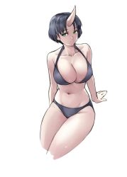 Rule 34 | 1girl, arm support, bikini, breasts, cleavage, closed mouth, commentary, cropped legs, english commentary, green eyes, grey bikini, grey hair, halterneck, horns, large breasts, looking at viewer, maritan (pixelmaritan), navel, oni, oni horns, original, parted bangs, short hair, simple background, single horn, sitting, solo, swimsuit, white background