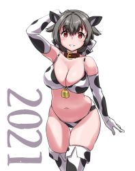 Rule 34 | 1girl, 2021, alternate costume, animal ears, animal print, bell, black hair, blush, boots, breasts, chinese zodiac, cleavage, collar, cow ears, cow print, cow print bikini, cowbell, elbow gloves, gloves, hair between eyes, hair flaps, hair ribbon, jingei (kancolle), kantai collection, large breasts, long hair, new year, print bikini, red eyes, ribbon, simple background, skindentation, solo, tamu (mad works), thigh boots, thighhighs, white background, year of the ox