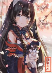Rule 34 | 1girl, absurdres, animal, animal ears, arm garter, blue eyes, blunt bangs, blush, braid, breasts, brown hair, cherry blossoms, chinese zodiac, closed mouth, dog, dog ears, happy new year, highres, holding, holding animal, japanese clothes, kimono, kouyafu, large breasts, long hair, long sleeves, looking at viewer, multicolored eyes, new year, obi, original, outdoors, sash, scan, signature, smile, solo, upper body, very long hair, wide sleeves, year of the dog