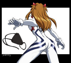 Rule 34 | 1girl, artist name, ass, back, bodysuit, breasts, brown hair, evangelion: 3.0+1.0 thrice upon a time, eyepatch, unworn eyepatch, highres, long hair, neon genesis evangelion, plugsuit, rebuild of evangelion, shiny clothes, simple background, skin tight, souryuu asuka langley, two side up, very long hair, white background, white bodysuit, wide hips, yippeekiy
