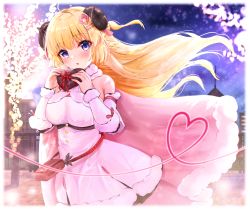 Rule 34 | 1girl, animal ears, bag, blonde hair, blush, box, breasts, commentary request, dress, ex idol, floating hair, gift, gift box, hair ornament, hairclip, hands up, heart-shaped box, holding, holding box, hololive, horns, large breasts, long hair, long sleeves, looking at viewer, outdoors, parted lips, pink dress, purple eyes, red ribbon, ribbon, sheep ears, sheep horns, solo, tsunomaki watame, tsunomaki watame (1st costume), very long hair, virtual youtuber