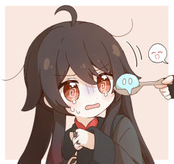 Rule 34 | 1girl, @ @, absurdres, ahoge, beige background, border, brown shirt, chinese clothes, commentary request, fingerless gloves, genshin impact, gloves, highres, holding, holding spoon, hu tao (genshin impact), jewelry, long hair, long sleeves, messy hair, multiple rings, open mouth, out of frame, pink background, ring, shirt, simple background, slime (genshin impact), solo focus, spoon, sweat, twintails, white border, wide sleeves, yoshinao (yoshinao 0203)
