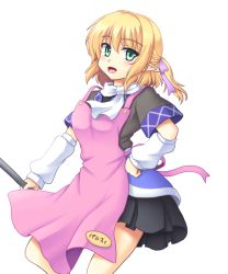 Rule 34 | 1girl, adapted costume, apron, arm warmers, blonde hair, green eyes, hand on own hip, isaki (gomi), looking at viewer, mizuhashi parsee, open mouth, pointy ears, scarf, shirt, short sleeves, simple background, skirt, smile, solo, touhou, white background