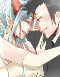 Rule 34 | 1boy, 1girl, absurdres, black hair, blue hair, crying, eye contact, formal, grey suit, grin, hand on another&#039;s chest, hetero, highres, horns, light blue hair, looking at another, lv1 maou to one room yuusha, makura3340, maou (lv1 maou to one room yuusha), max (lv1 maou to one room yuusha), pointy ears, red eyes, red horns, sideburns, smile, suit, third eye, upper body