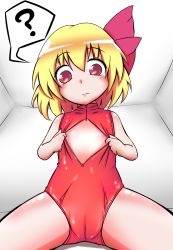 Rule 34 | 1girl, ?, blonde hair, bow, cameltoe, clothes lift, daburuhedda, front zipper swimsuit, hair bow, highres, meme attire, one-piece swimsuit, red eyes, red one-piece swimsuit, rumia, solo, spread legs, swimsuit, swimsuit lift, touhou