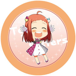 Rule 34 | 1girl, :d, \o/, ^ ^, ahoge, arms up, blush, bow, chibi, closed eyes, copyright name, dress, gloves, gradient background, hair bow, harumi kajika, minami (colorful palette), open mouth, outstretched arms, red hair, round image, shoes, smile, solo, tokyo 7th sisters, white gloves